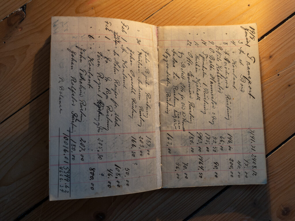 Historic accounting book containing handwritten ledger entries.